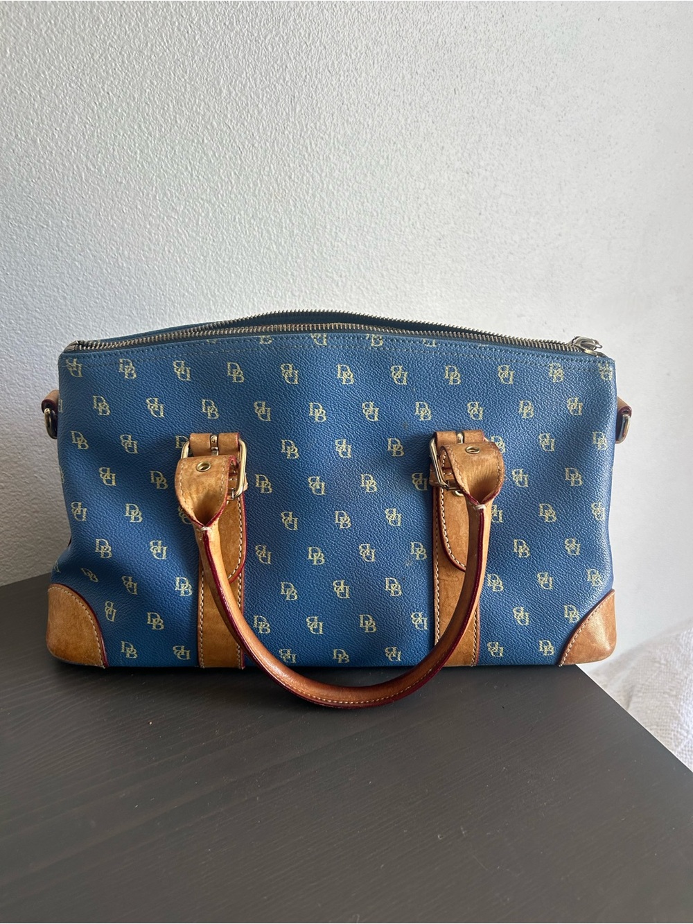 Dooney & Bourke Vintage Blue Tan Monogram Satchel Bag Double Handle